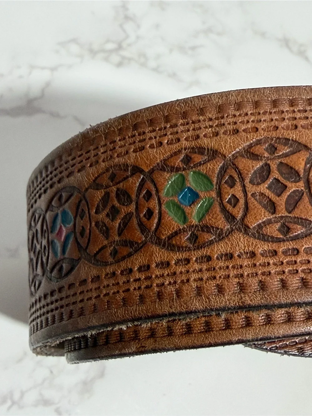 Fossil Brown Tooled Leather Women's Belt with Unique Design and Brass Buckle - S